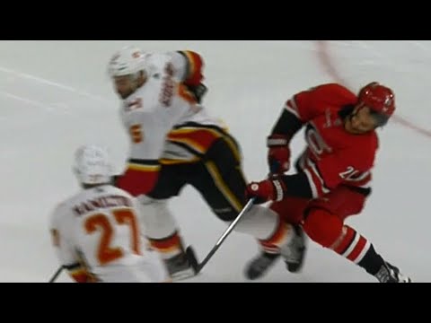 Gotta See It: Aho taken out by Giordano, needs assistance to leave ice