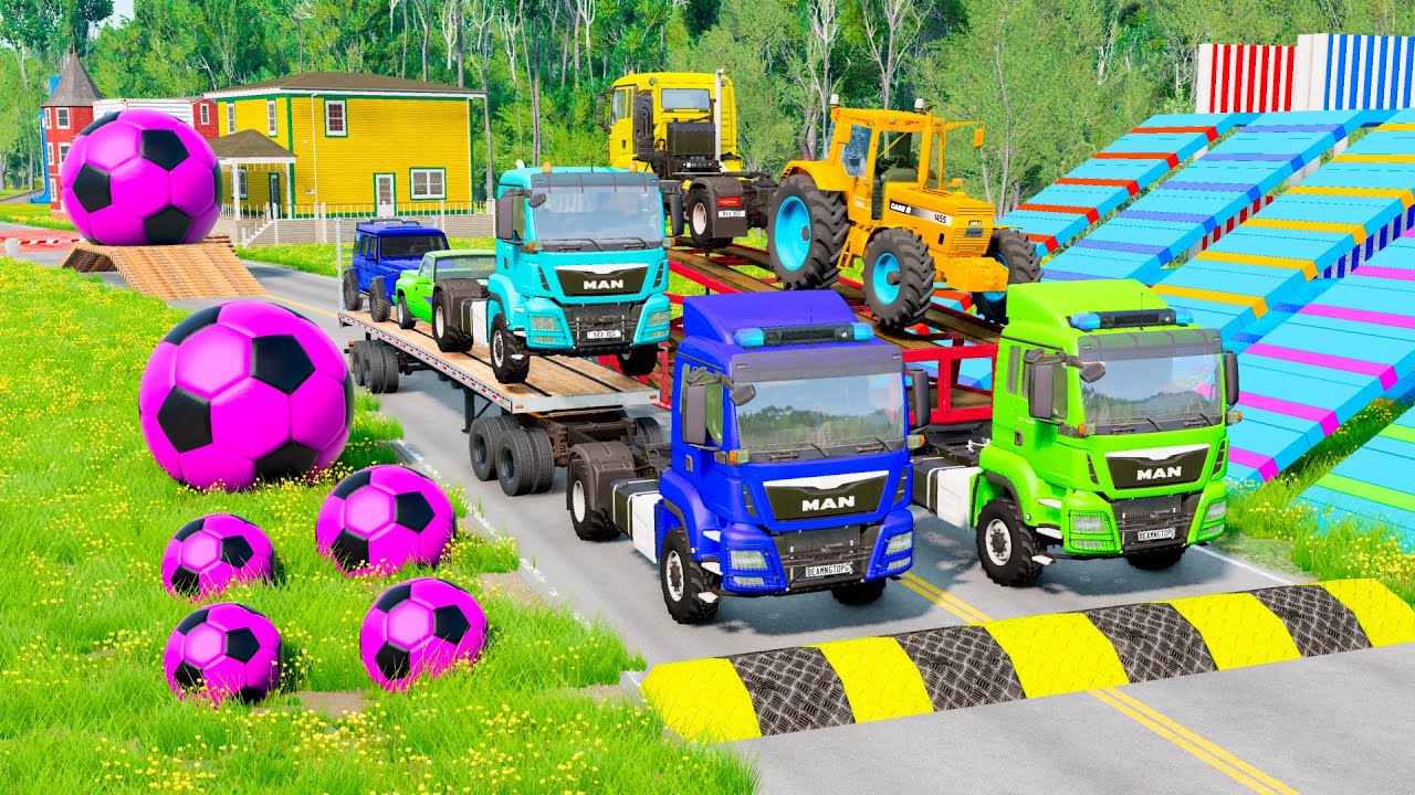 Double Flatbed Trailer Truck vs Speedbumps Train vs Cars | Tractor vs Train Beamng.Drive #061