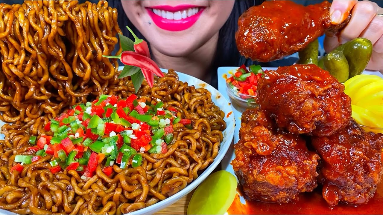 ASMR BLACK BEAN NOODLES, SPICY FRIED CHICKEN, PICKLED RADISH, CHILI MUKBANG MASSIVE Eating Sounds