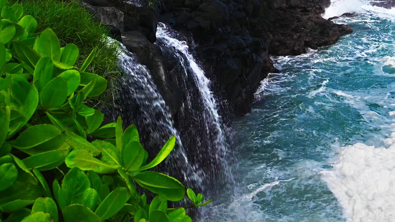 Kauai Waterfall on Ocean Waves  Hawaiian Water Sounds for Sleep  Relaxation