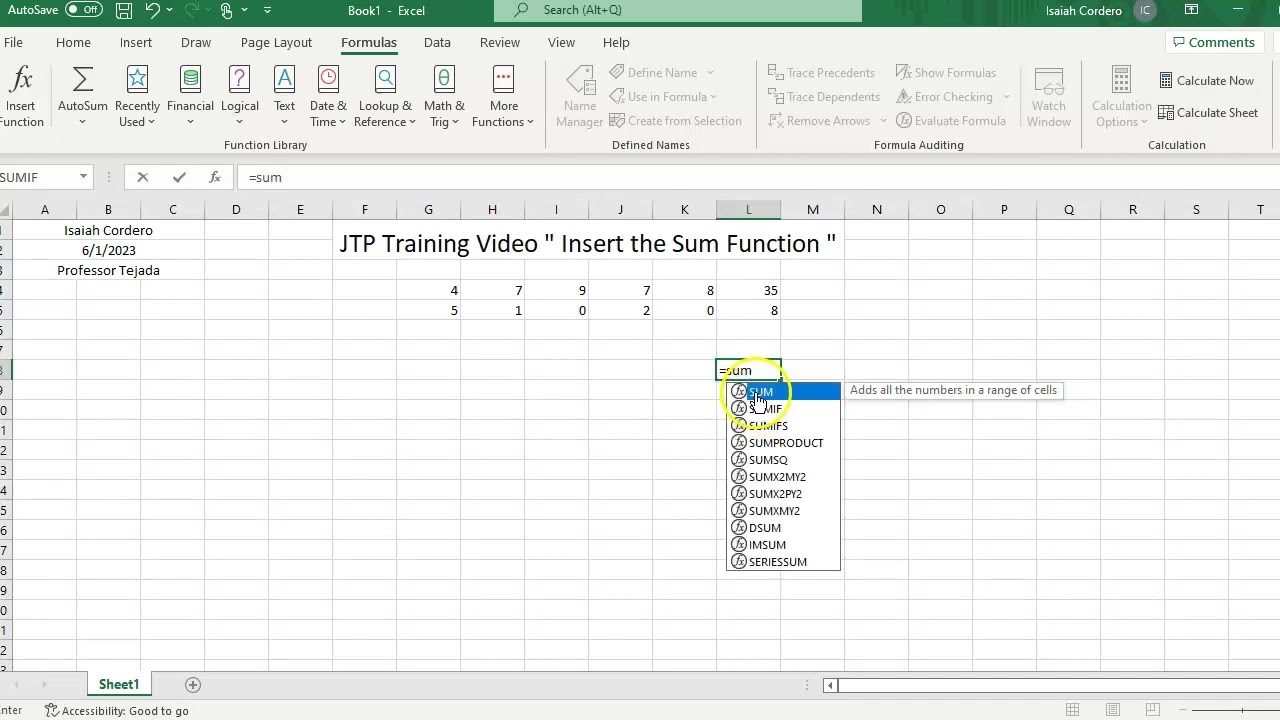 JTP Training " Insert the Sum Function "