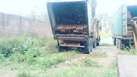 Unloading container of timber from damper