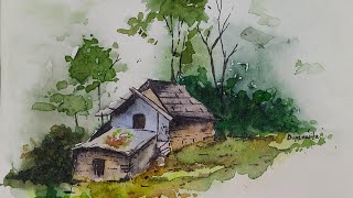 Easy Watercolor Landscape Painting 🌿🏚️