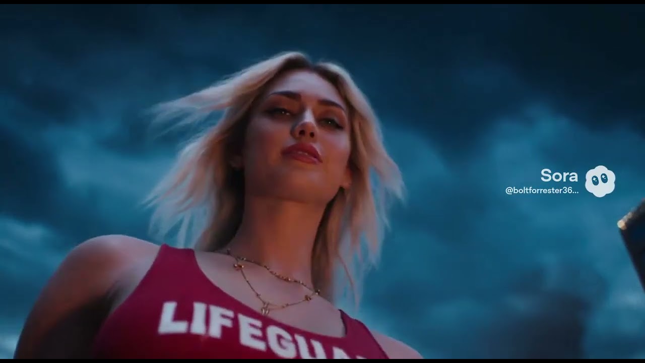 Giantess Miley Cyrus Lifeguard Swimsuit In Sora 2 AI