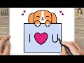 How to draw a cute puppy holding iu card  drawing and coloring for kids and toddlers