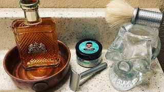 Pearl “Shavers Spirit” Soap, Tatara’s “Masamune“ Razor & Brush, Safari Aftershave & Voskhod Blade.