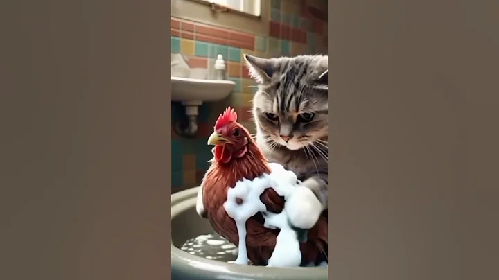 Watch the video about The cat is bathing the chicken #cat #funny