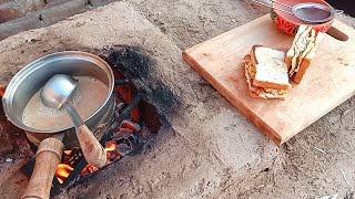 Village Style Cooking | Outdoor Cooking on fire | Cabbage sandwich | smoky chai | teatime | ASMR