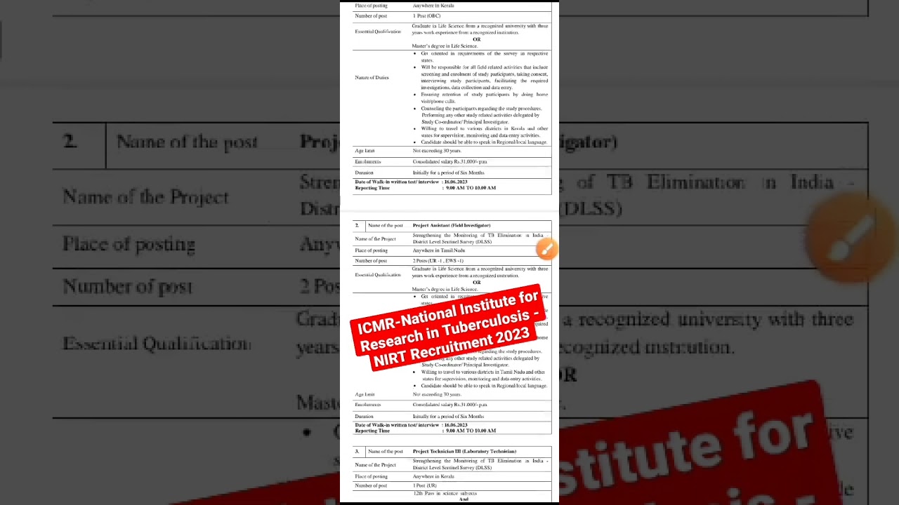 ICMR-National Institute for Research in Tuberculosis - NIRT Recruitment 2023 