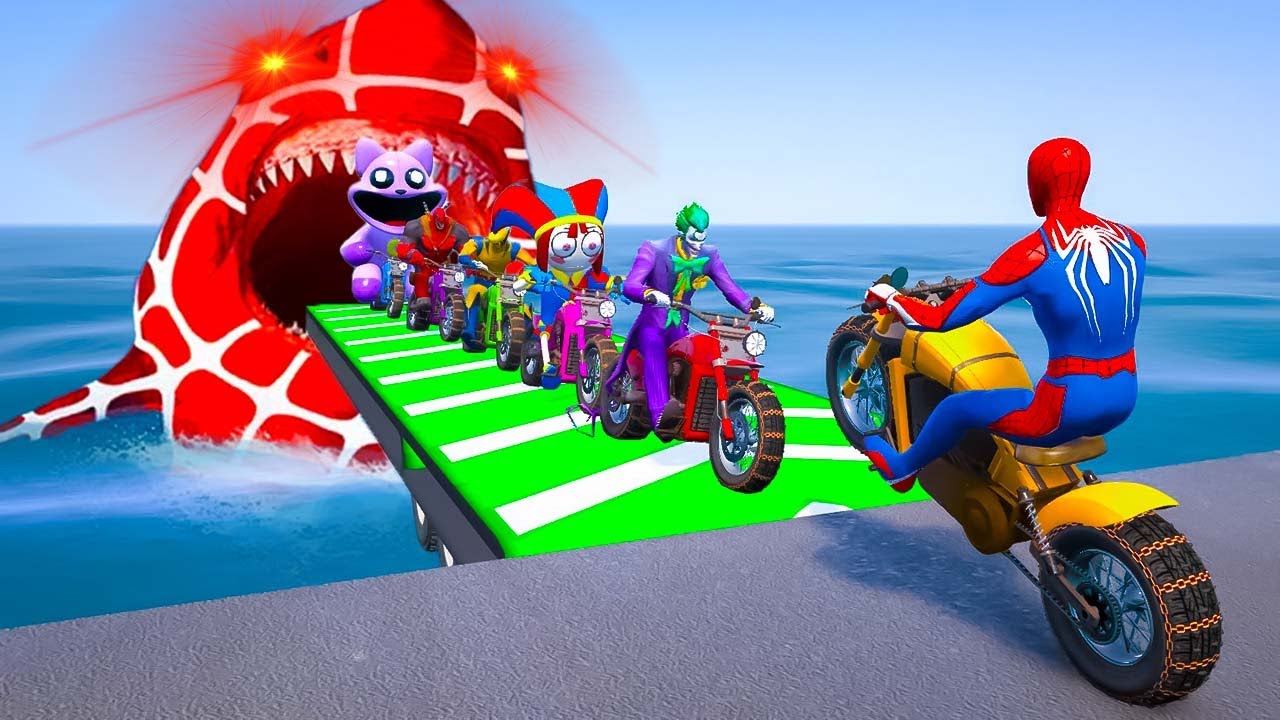 GTAV SPIDERMAN Crazy Race Challenge | SUPERHEROES Deadpool and Wolverine on Motorcycle Against Shark