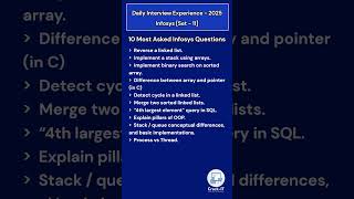 Top Infosys Interview Questions 2025 (Freshers + Experienced) - Set 11 #ytshorts #shorts