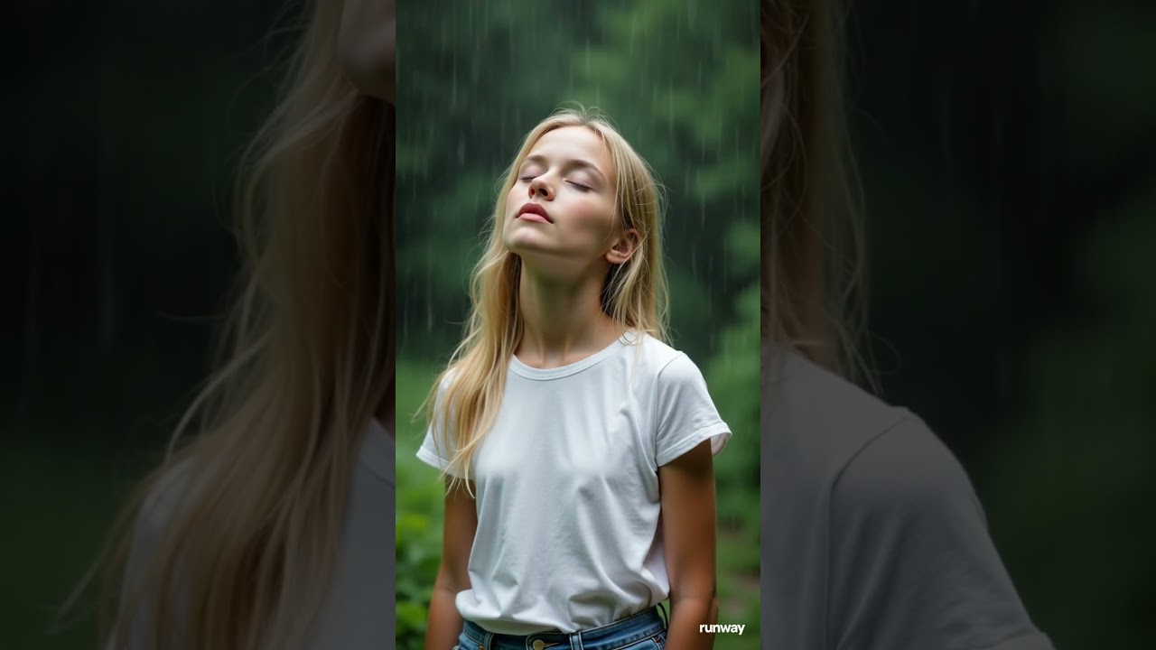 She Stood Silently in the Rain, Eyes Closed, Breathing Deeply — A Beautiful Blonde Girl Lost