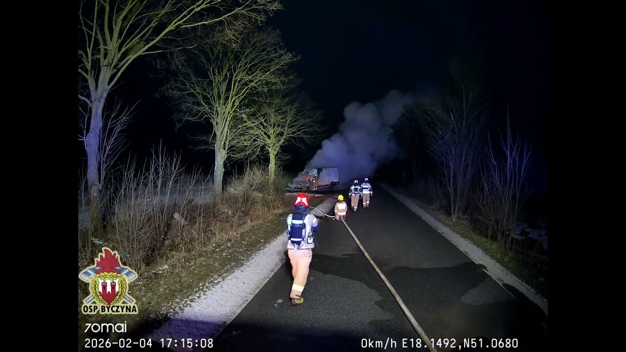 CABVIEW OSP Byczyna. Dojazd i działania gaśnicze przy pożarze samochodu dostawczego