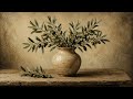 Vintage Olive Branches in Stone Vase | 1 Hour Silent Ambient No Music | Rustic Botanical Art