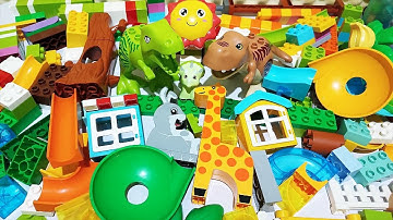 Satisfying Building Blocks Marble Run ASMR 109 Dinosaurs Giraffe Rabbit Seesaw and two House live 1