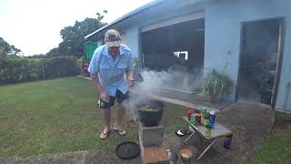 Torres Strait Coconut Curry Chicken on a homemade Brick Rocket Stove