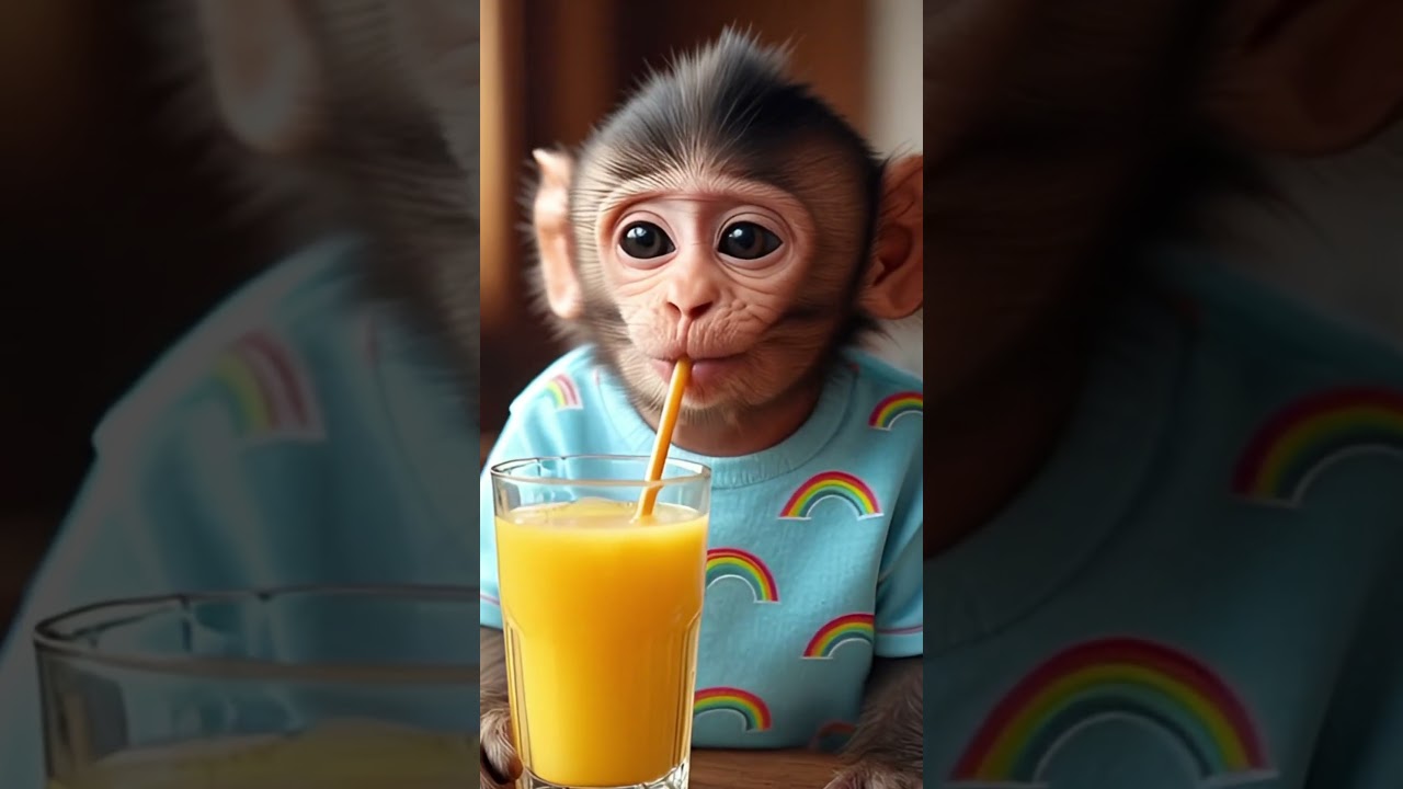 "Baby Monkey Drinks Orange Juice Happily"