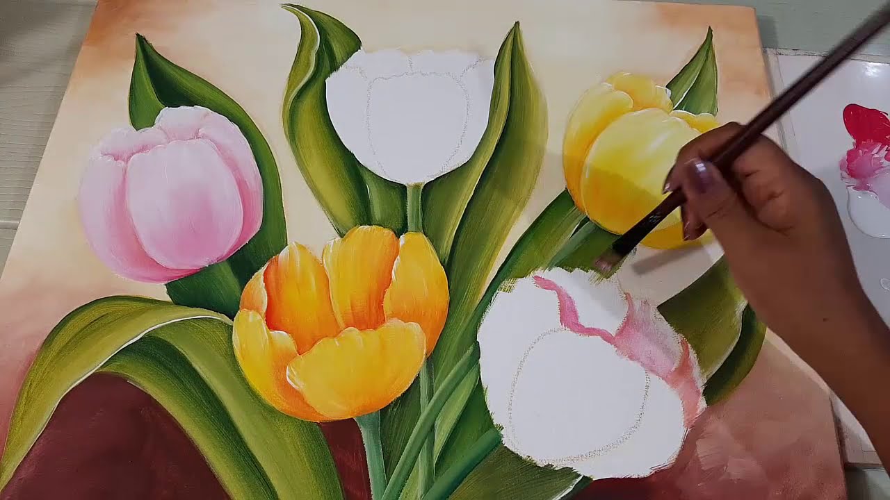 Pintando un Cuadro de Tulipanes con Pintura Acrílica Fácil - YouTube
