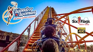 April 2022 Wonder Woman Golden Lasso Coaster at Sunset On Ride 4K POV Six Flags Fiesta Texas