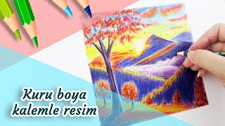 Gün batımı manzarasının resmi kuru boya kalemle / Kuru boya Kalemle nasıl çizilir ?