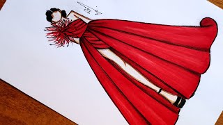 تعلم رسم فستان سهرة باللون الأحمر ️ سهل جداً للمبتدئين | رسم فساتين | تعليم رسم الأزياء