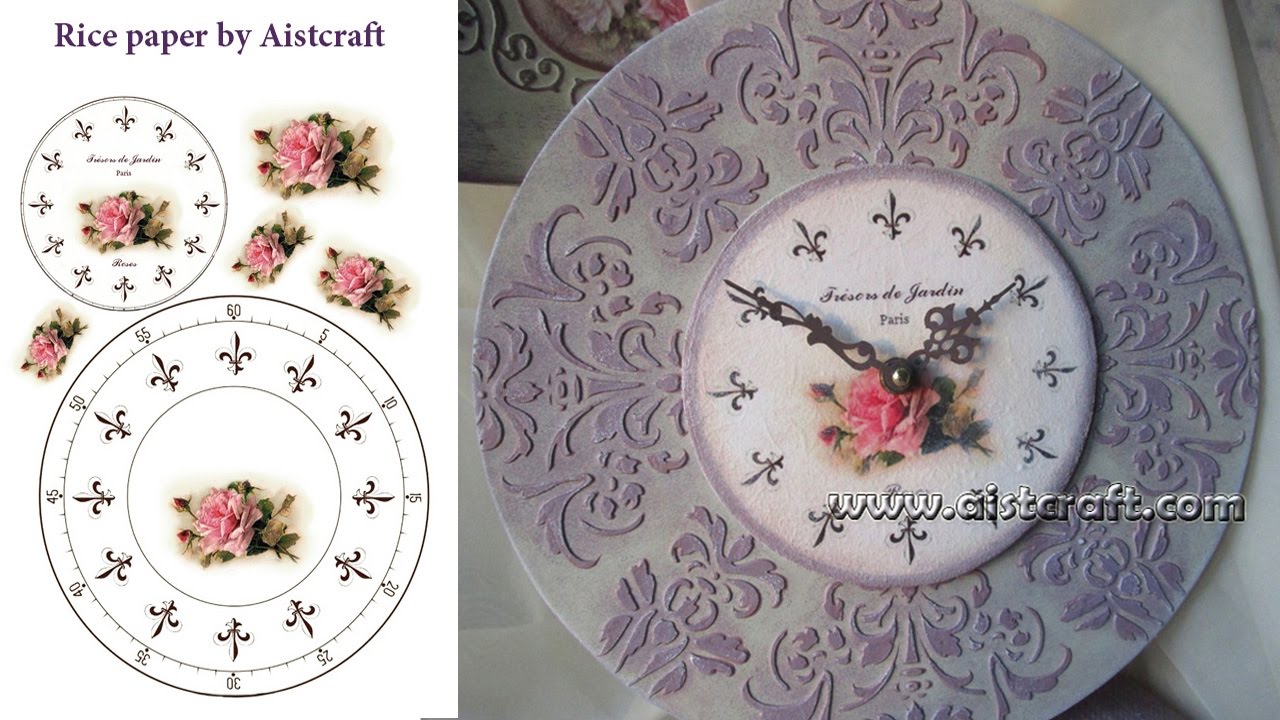 Декупаж - изготовление часов в стиле Прованс с использованием текстурной пасты и рисовой бумаги.