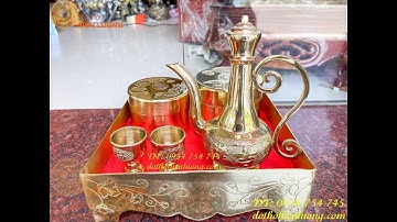 Khay bộ tráp trầu cau và ly chén rượu ăn hỏi bằng đồng rộng 24cm, cao 8cm-17