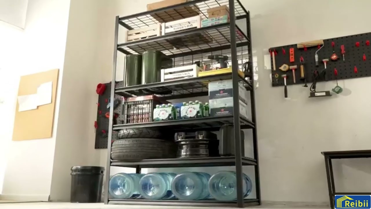 REIBII 48"W Heavy Duty Garage Shelving 6+1-Tier Adjustable Metal Shelves with Grid Plates for Basement Warehouse Garage
