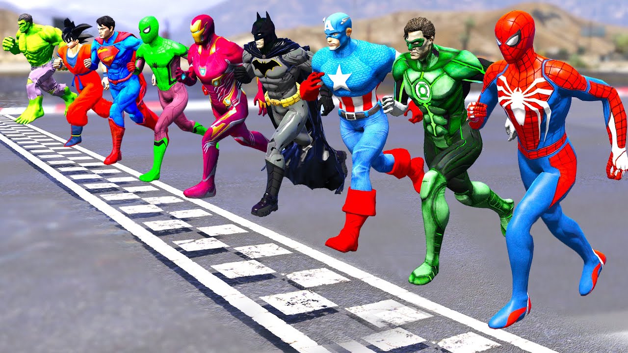 TEAM SPIDERMAN RACING Motorbikes Challenge, Team Superheroes Running Challenge On Sea Ramp - GTA 5