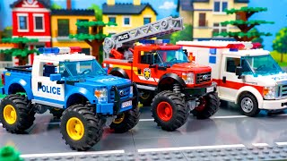 🚓 Lego Monster Trucks! Police Car, Fire Truck & Rescue Team | Fun Nursery Rhymes+Kids Song 🎵