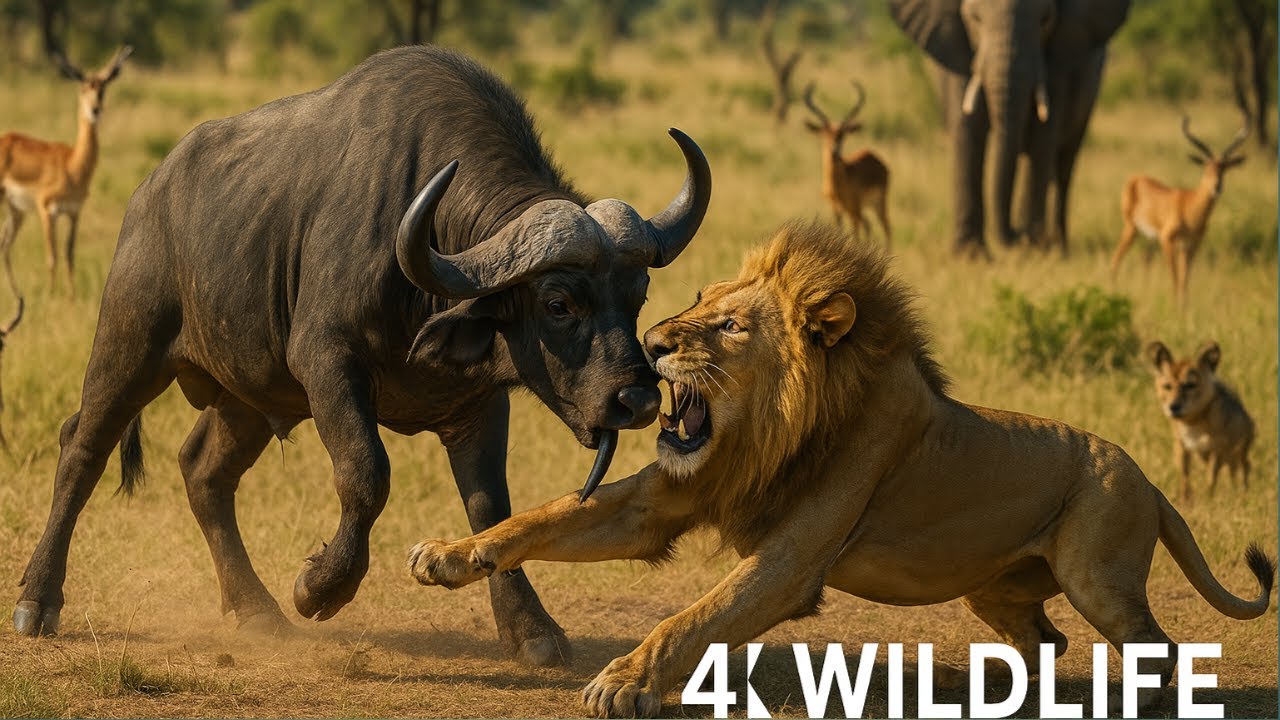 4K Wildlife Showdown: Lion vs Buffalo in the African Savanna - YouTube