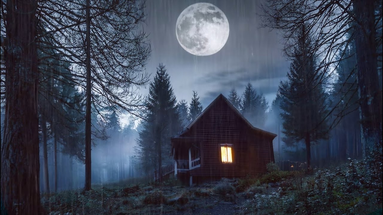 A cabin nestled in the forest, raining and lightning for rest and ...