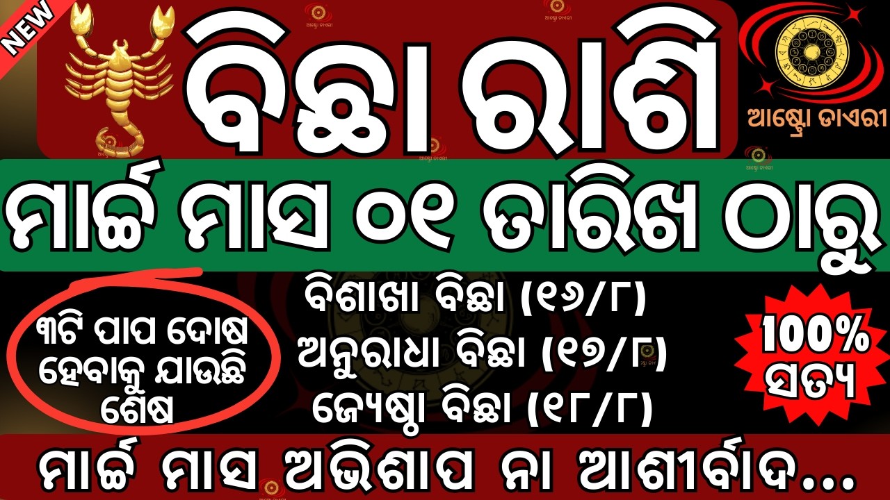 ବିଛା ରାଶି 2026 ମାର୍ଚ୍ଚ ମାସ ୦୧ ତାରିଖ ଠାରୁ ଏହି ୩ଟି ପାପ ଦୋଷ ହେବାକୁ ଯାଉଛି ଶେଷ | ଭାଗ୍ୟ ବଦଳିବ ଆପଣଙ୍କର ଏହି