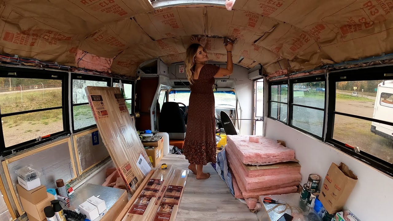 Bus Build Ceiling Insulation - Solo Female Skoolie Conversion - YouTube