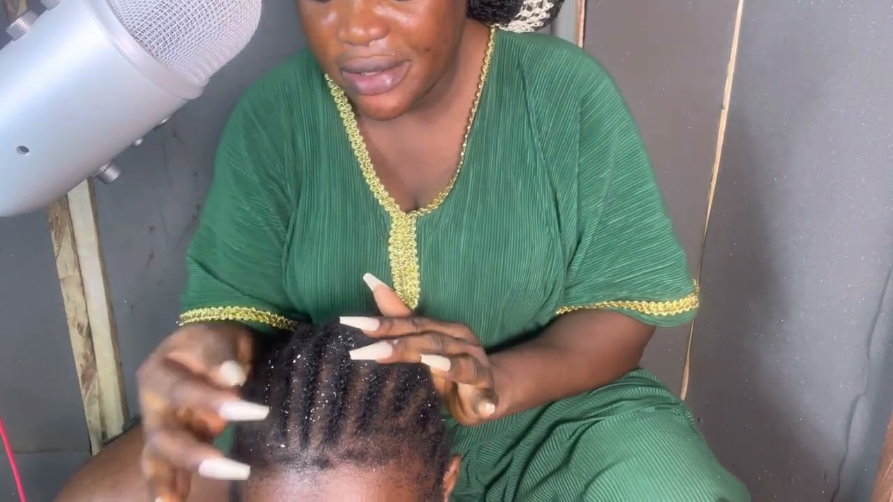 ASMR✨long nails picking and scratching between cornrow with gum cracking. includes soft whispers