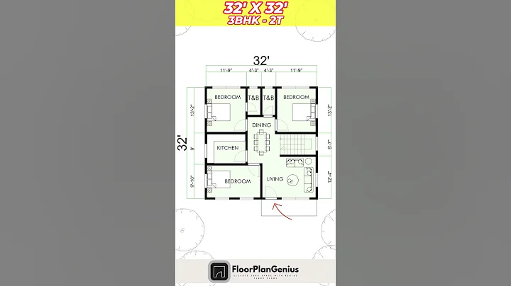 32x32 3 BEdroom ka makan, 32*32 House Plan,33 by 33 House #Housedesign #Dreamhome #shorts