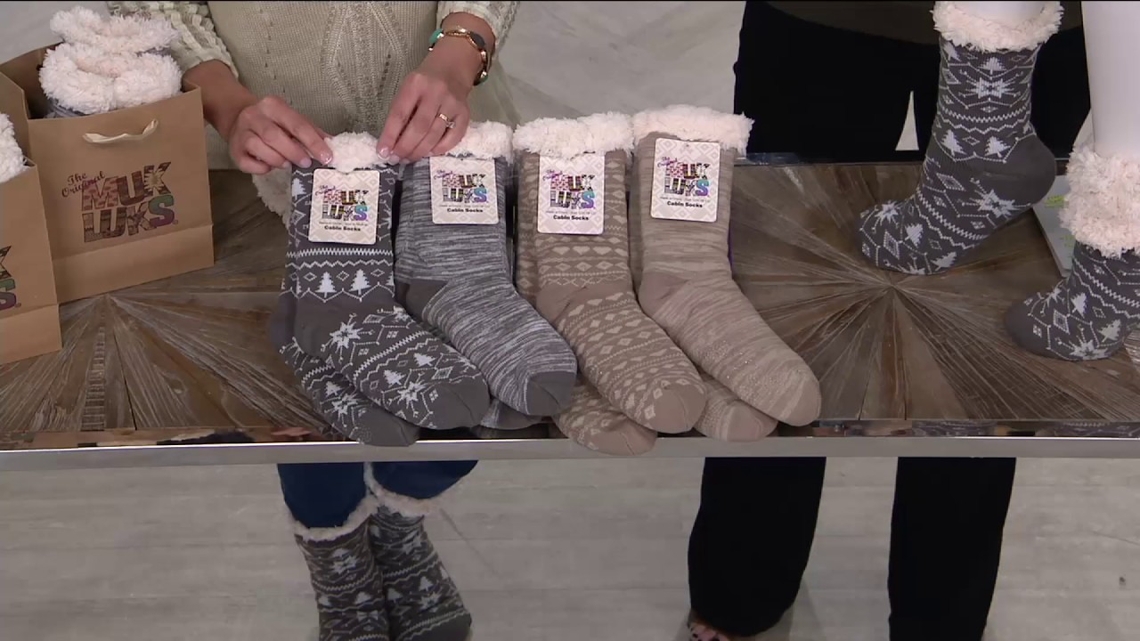 MUK LUKS 2 Pairs Jojoba Infused Cabin Socks with Faux Fur on QVC