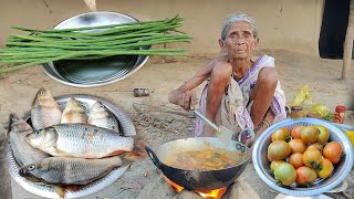 100 year old poor widow Grandma cooking AMERICAN FISH with Sajane Suti & tomato recipe & eating