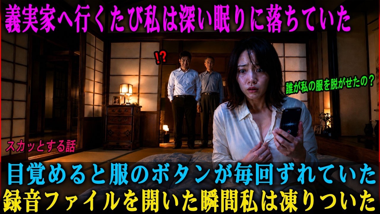 義実家に行くたび、なぜか深い眠りに落ちる私目覚めると服のボタンがずれていた。夫は「低血糖だよ」と笑ってごまかしたが、録音ファイルを開いた瞬間、私は凍りついた…