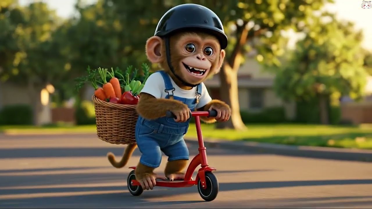 Chú khỉ hoạt hình đáng yêu chạy xe scooter chở cà rốt, hình ảnh vui nhộn cho trẻ em dễ thương 🐵🥕🛴