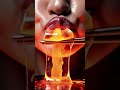 Close-up shots capture a woman savoring molten, lava-like food with chopsticks or a spoon.