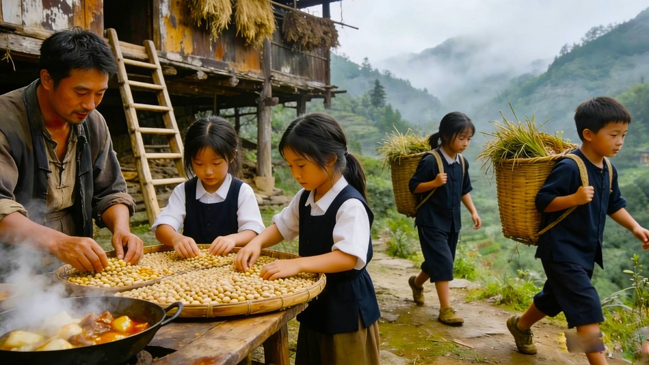 【一家六口隐居深山】年幼的孩子们帮忙晒豆子，还主动山上割满背草，只为帮爸爸分担家务！#农村生活#vlog#山居生活