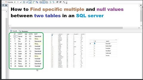 How to query to find specific multiple and null values between two tables in an SQL server