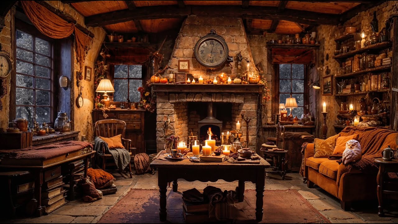 Snowy Night at The Burrow | Blizzard & Crackling Fire | Blizzard and Fireplace Sounds | Cozy Room