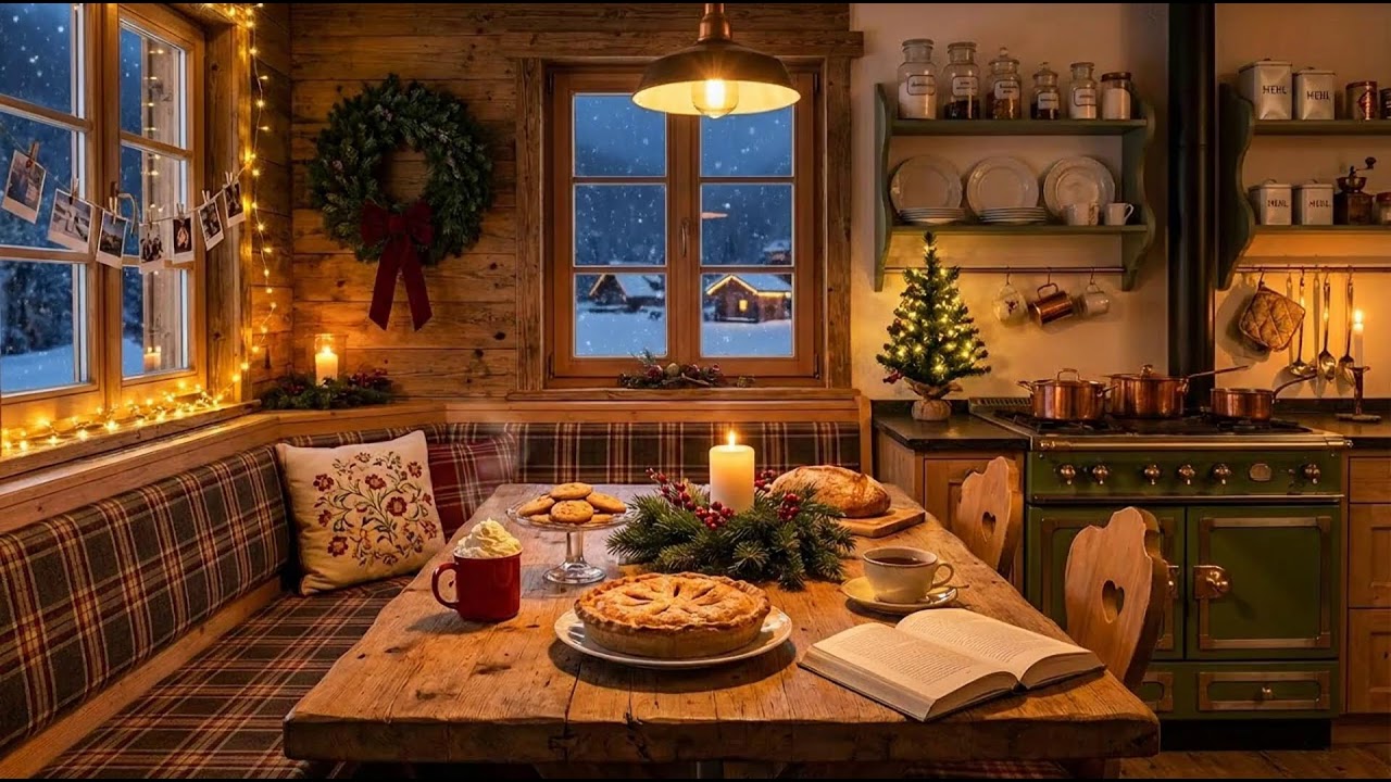 Peaceful 1940s Winter Morning ❄️ Oldies Playing in Another Room | Vintage Fireplace Crackle