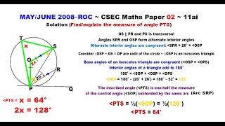 Paper2-CSEC-MATHS-384 ~ Circle Geometry & Inscribed/Central Angles ~ May/June 2008–ROC Number 11ai