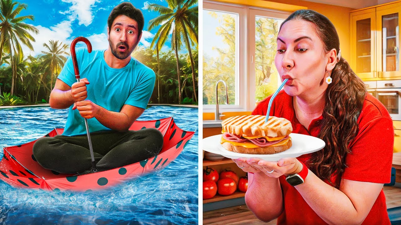 BEBENDO LANCHE e GUARDANDO ÁGUA com Guarda-Chuva *Tudo Invertido!