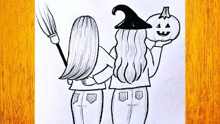 Cómo dibujar mejores amigas para Halloween / Dibujo simple para Halloween