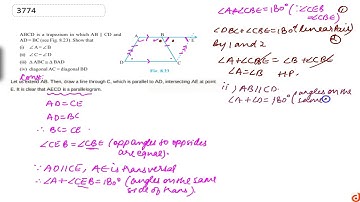 ABCD is a trapezium in which `AB||CD` and `AD=BC`. Show that (i)`/_A=/_B` (ii) `/_C=/_D` (iii) `...