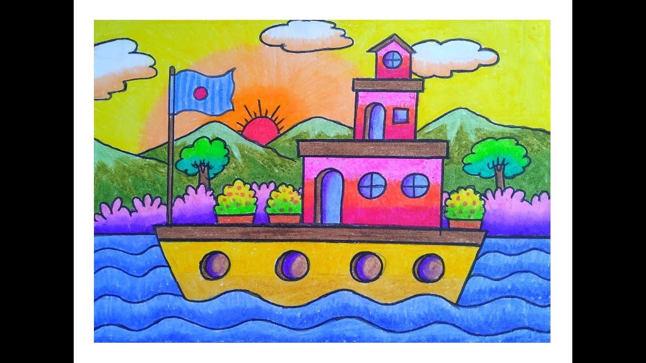 HOW TO DRAW HOUSEBOAT SCENERY EASY HOUSEBOAT DRAWING FOR